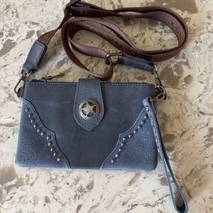 Montana West Blue Studded Leather Wristlet Crossbody Shoulder Wallet Handbag FS1